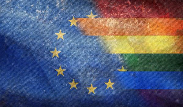 Top view of national lgbt retro flag of European Union with grunge texture, no flagpole. Plane design, layout. Flag background. Freedom and love concept, Pride month. activism, community and freedom