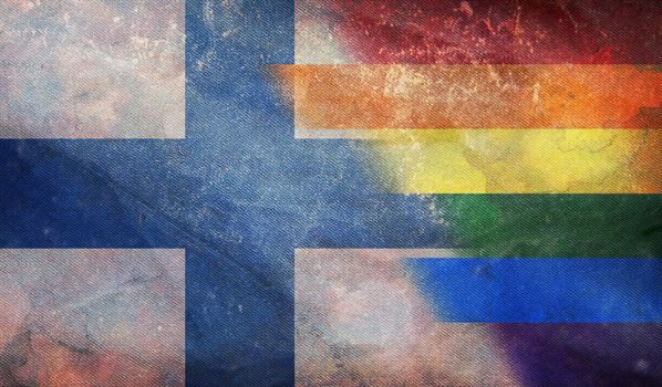 Top view of national lgbt retro flag of Finland with grunge texture, no flagpole. Plane design, layout. Flag background. Freedom and love concept, Pride month. activism, community and freedom