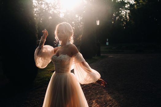 Silhouette of The lonely bride in the vintage At sunset.