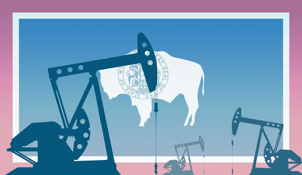 silhouette of oil pump against flag of Wyoming state USA. Extraction grade crude oil and gas. concept of oil fields and oil companies, hydrocarbon market, industry