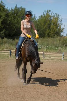 Women is horse riding - red hair girl in summer meadow, vertical shot