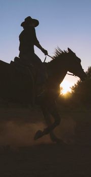 Silhouette of a woman in cowboy hat riding a horse - sunset or sunrise, horizontal, telephoto