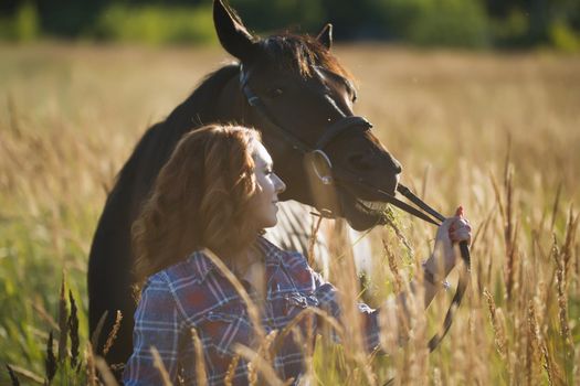 Young woman walking with the horse in meadow at summer day, telephoto