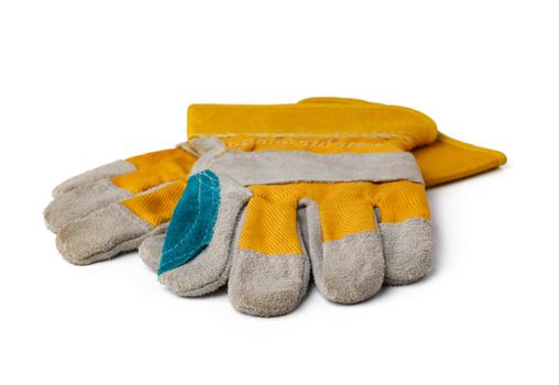 Pair of work gloves isolated on white background, close up