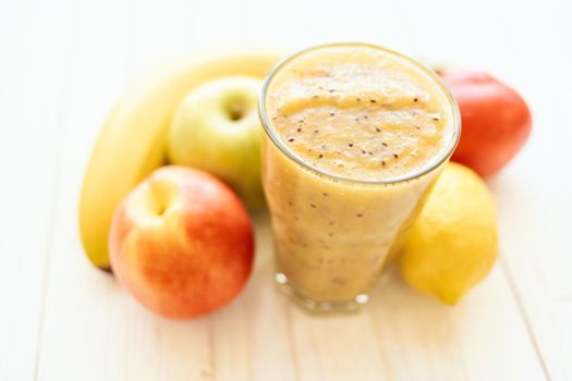 fruit smoothie fresh Fresh Desert milkshake top view. High quality photo