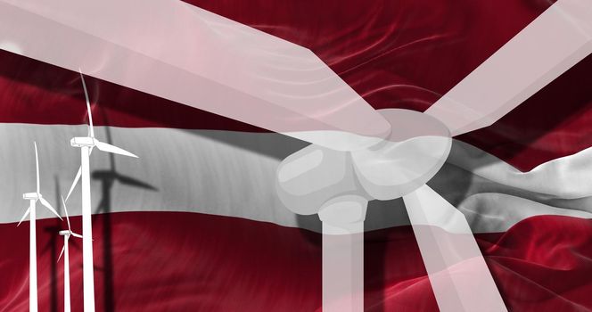 Wind turbines on background of Latvia flag. sustainable development, renewable energy, national alternative energy environment concept. 3d illustration.