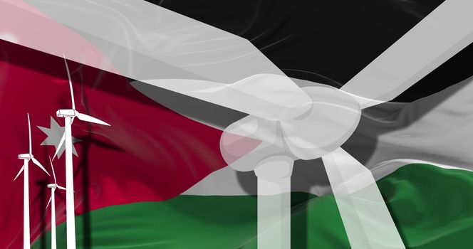 Wind turbines on background of Jordan flag. sustainable development, renewable energy, national alternative energy environment concept. 3d illustration.