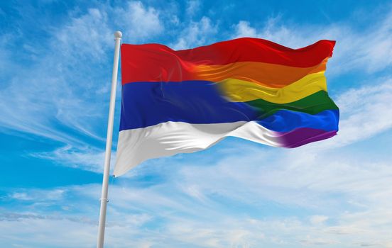 national lgbt flag of Republic of Srpska flag waving in the wind at cloudy sky. Freedom and love concept. Pride month. activism, community and freedom Concept. Copy space. 3d illustration