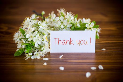 thank you card and blooming spring branch with flowers, on wooden background