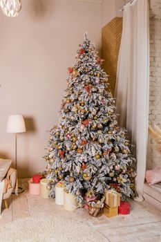 Christmas tree with presents. Xmas background. Holiday decoration