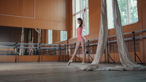 Graceful girl in pink dress and pointe shoes ballerina practicing in the Studio, elements of dance, telephoto