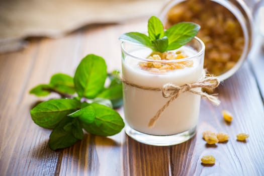 sweet homemade yogurt with raisins in a glass on a wooden table