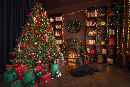 Stylish interior of room with beautiful Christmas fir tree and decorative fireplace.