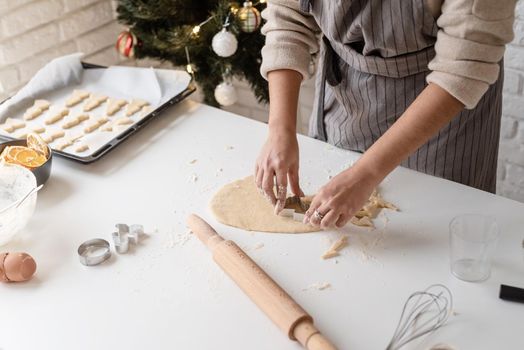 Merry christmas and happy new year. Smiling woman in the kitchen baking christmas cookies