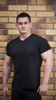 Attractive and muscular athlete - portrait of young handsome sportsman near brick wall, vertical