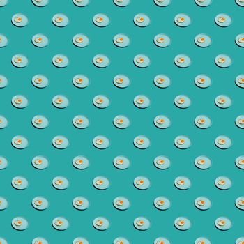 Pattern with many fried eggs on plates on vintage background