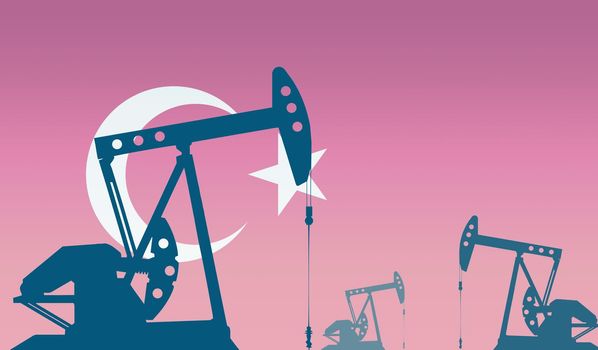 silhouette of the oil pump against flag of Turkey. Extraction grade crude oil and gas. concept of oil fields and oil companies, hydrocarbon market, industry