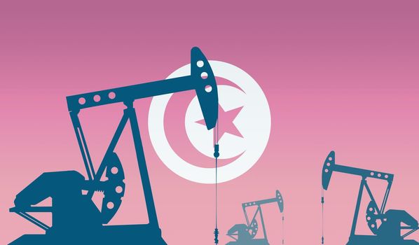 silhouette of the oil pump against flag of Tunisia. Extraction grade crude oil and gas. concept of oil fields and oil companies, hydrocarbon market, industry