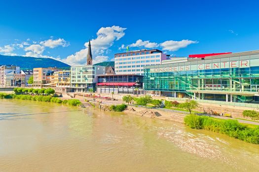 Villach - July 2020, Austria: Cityscape of the small Austrian city of Villach and the Drau river