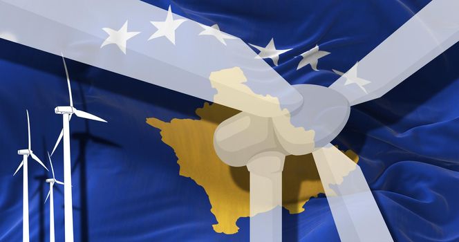 Wind turbines on background of Kosovo flag. sustainable development, renewable energy, national alternative energy environment concept. 3d illustration.