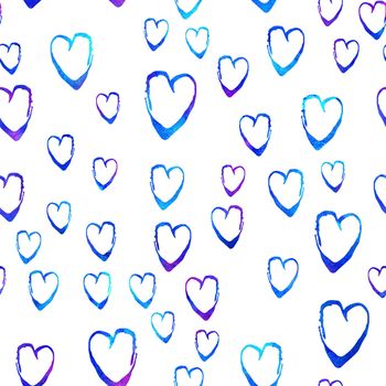 Watercolor Brush Heart Seamless Pattern Love Grange Hand Painted Design in Blue Color. Modern Grung Collage Background for kids fabric and textile.