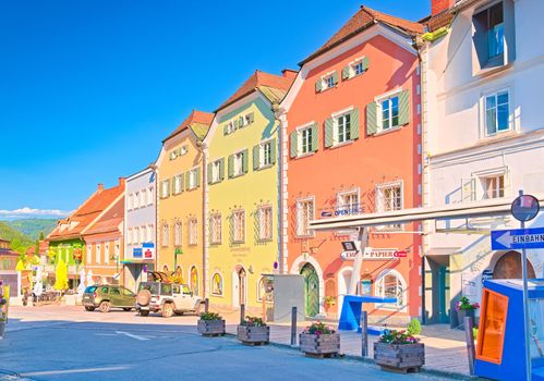 Murau - June 2020, Austria: A row of the old colorful historic buildings on the main square of the small Austrian town of Murau