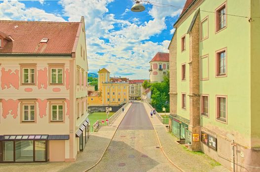 Steyr - July 2020, Austria: View of the Steyr Bridge (Zwischenbrücken) from the St. Michael's Church