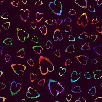 Watercolor Brush Heart Seamless Pattern Love Grange Hand Painted Design in Rainbow Color. Modern Grung Collage Background for kids fabric and textile.