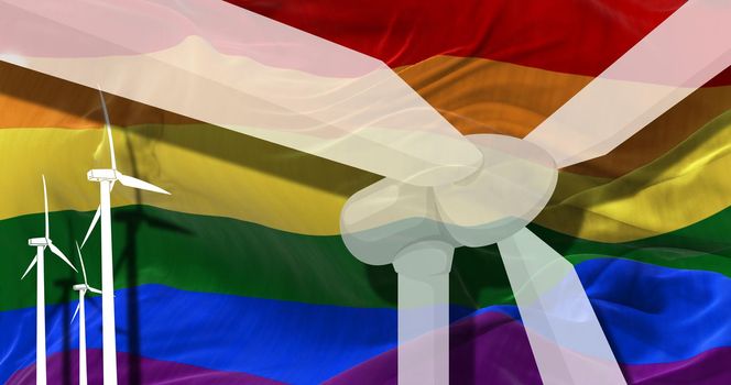 Wind turbines on background of LGBT flag. sustainable development, renewable energy, national alternative energy environment concept. 3d illustration.