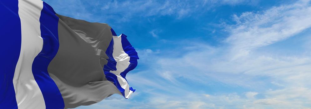 flag of Tumtum Pride waving in the wind at cloudy sky. Freedom and love concept. Pride month. activism, community and freedom Concept. Copy space. 3d illustration