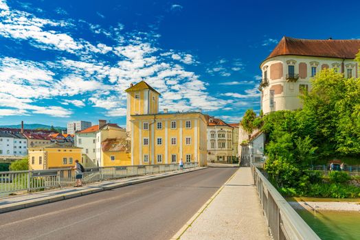 Steyr - June 2020, Austria: View of the Steyr Bridge (Zwischenbrücken), the Old Water Tower and Lamberg castle