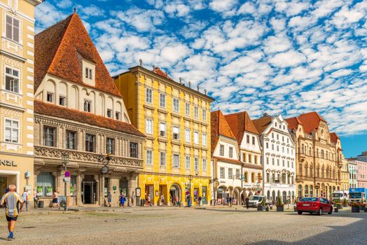 Steyr - June 2020, Austria: A row of the old historical buildings in the traditional architectural style on the main square of the city of Steyr