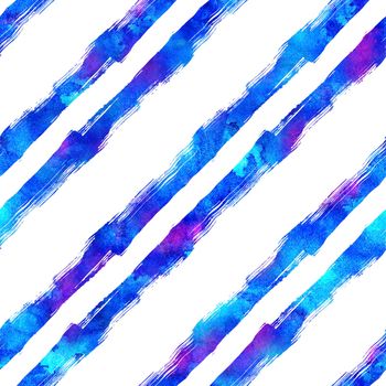 Watercolor Brush Stripes Seamless Pattern Hand Painted Grange Geometric Design in Blue Color. Modern Strokes Grung Collage Background.