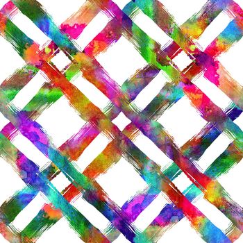 Watercolor Brush Plaid Seamless Pattern Grange Check Geometric Design in Rainbow Color. Modern Strokes Grung Collage Background for kids fabric and textile.