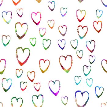 Watercolor Brush Heart Seamless Pattern Love Grange Hand Painted Design in Rainbow Color. Modern Grung Collage Background for kids fabric and textile.