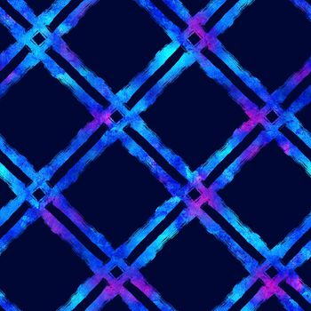 Watercolor Brush Plaid Seamless Pattern Hand Painted Check Grange Geometric Design in Blue Color. Modern Strokes and Stripes.