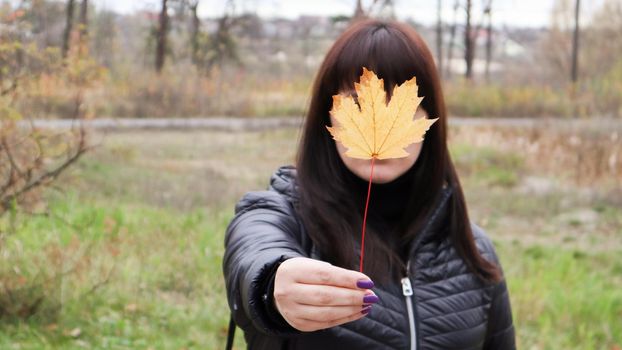 Girl holds a yellow maple leaf in front of her. A young woman covered her face with a yellow autumn maple leaf in a park. Lovely girl enjoying the warm weather. Autumn mood. Enjoy the season.