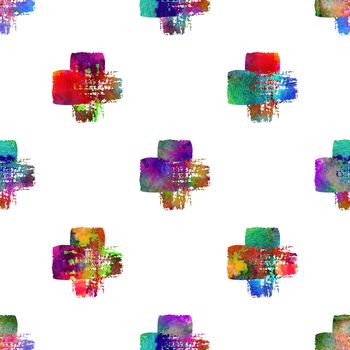 Watercolor Brush Cross Seamless Pattern Grange Geometric Design in Rainbow Color. Modern Grung Collage Background.