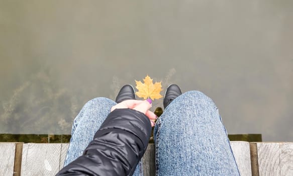 Beautiful legs of a girl in jeans are sitting on a wooden bridge by the lake, holding a yellow maple leaf in their hands. Autumn warm and sunny day. View from above. Autumn concept.