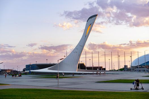 Sochi, Olympic park facilities buildings at sunset light in summer