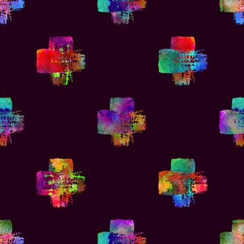 Watercolor Brush Cross Seamless Pattern Grange Geometric Design in Rainbow Color. Modern Grung Collage Background.