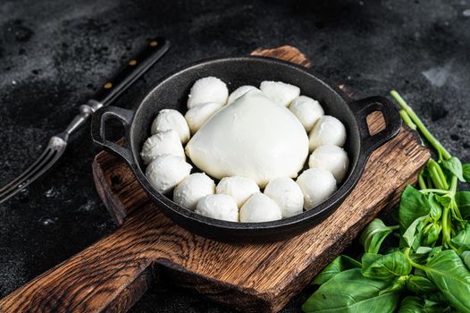 Mozzarella cheese mini balls in pan with basil. Black background. Top view.