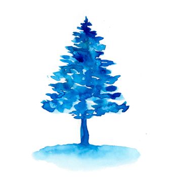 Watercolor winter blue christmas tree isolated on white background. Hand painting Illustration for print, texture, wallpaper or element. Beautiful watercolour art. Minimal style.