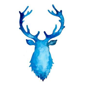 Watercolor silhouette of deer in blue color. Animal head painting. Stag and antler christmas illustration isolated on white background. Decorative New Year symbol for print, decor, pattern. Reindeer