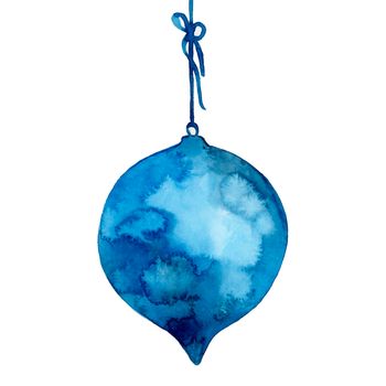 Watercolor abstract christmas ball in blue color. Decoration element for pine tree, greeting card, winter background. New Year holiday circle toy. Art hand painted isolated on white.