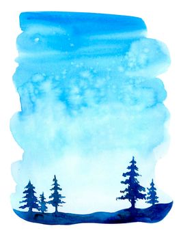 Watercolor christmas winter landscape with snow and trees. Treescape with pine and fir. Illustration landscape for print, texture, wallpaper, greeting card. Blue color. Beautiful nature watercolour.