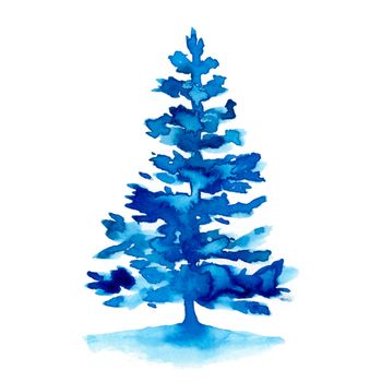 Watercolor winter blue christmas tree isolated on white background. Hand painting Illustration for print, texture, wallpaper or element. Beautiful watercolour art. Minimal style.