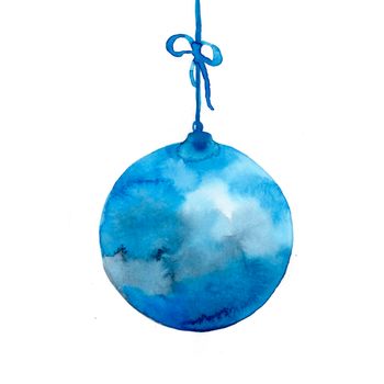 Watercolor abstract christmas ball in blue color. Decoration element for pine tree, greeting card, winter background. New Year holiday circle toy. Art hand painted isolated on white.