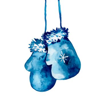 Watercolor hand painted mitten illustration in blue color. Wool glove for winter season. New year celebration object for print, card, concept. Christmas art element isolated on white background