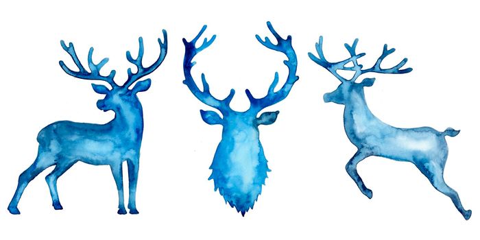 Watercolor silhouette set of deers: jumping deer and head in blue color. Animal painting. Stag and antler christmas illustration isolated on white. Decorative New Year symbol print, decor. Reindeer